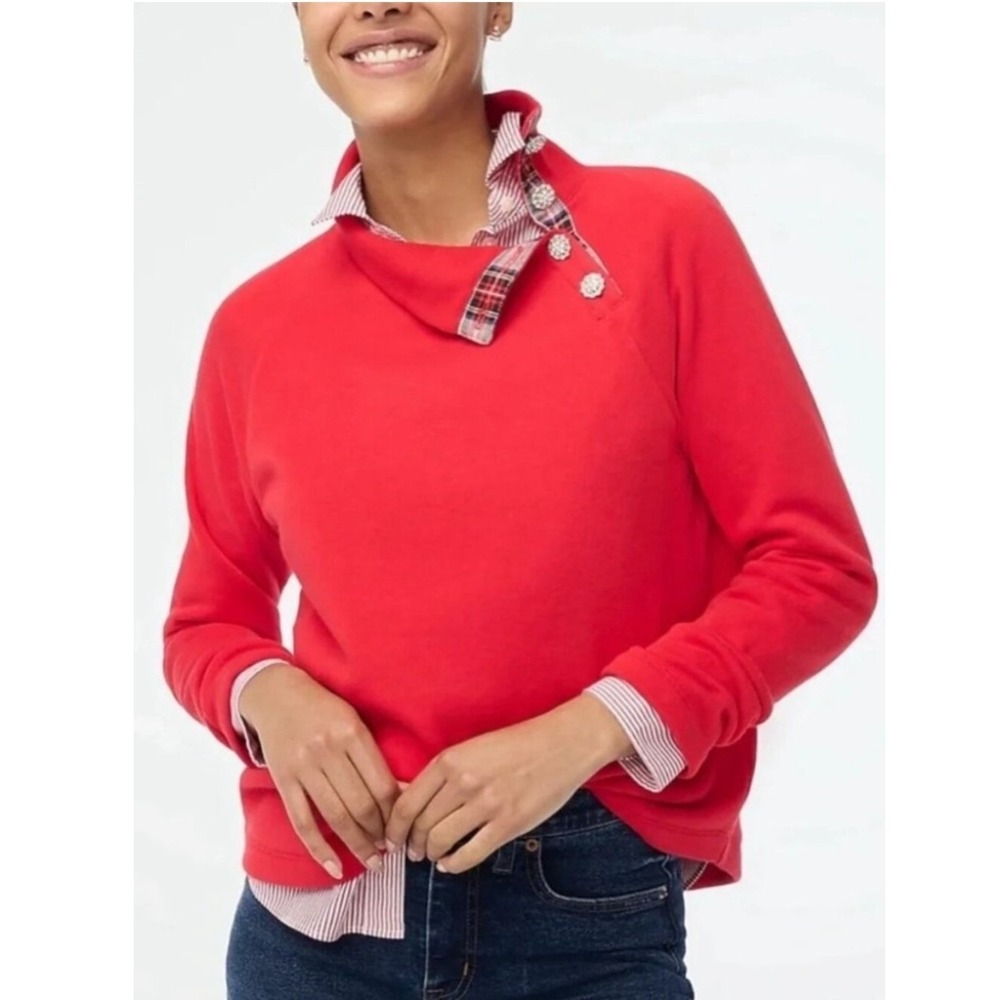 J.Crew Sweatshirt Tartan Wide Jeweled Button-neck Small Red Preppy Holiday